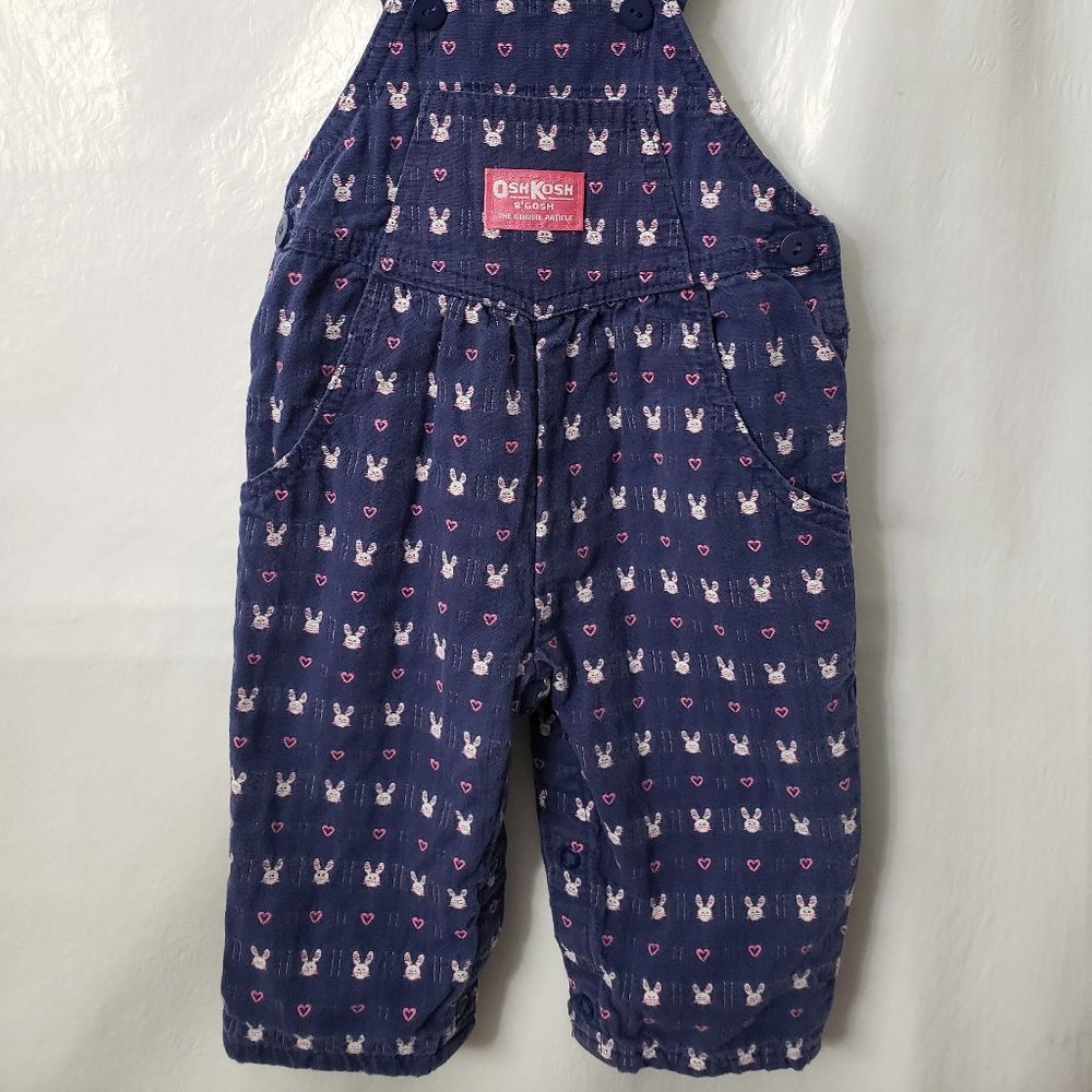 Vintage OshKosh Vestbak Bunny Overalls 6 9 month Denim Jean Heart Baby Rabbit - Picture 2 of 8
